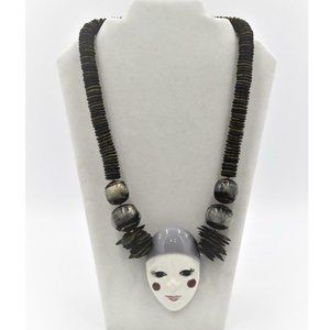 Vtg Ceramic Pierrot Face & Beaded Necklace 26"